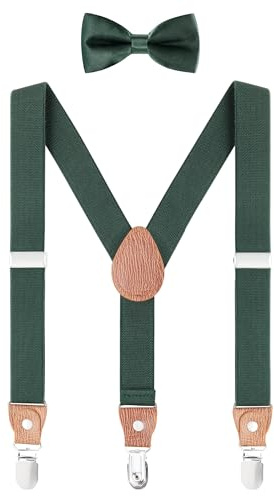 WANYING Juego de pajarita unisex para niños pequeños, forma de Y, 3 clips, ancho de 2,5 cm, tirantes elásticos y pajarita para 3-8 años de edad, verde oscuro, Color sólido verde oscuro - con pajarita