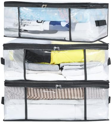 NEWSONA 3 Pezzi Scatole per Vestiti Trasparenti 35L – Contenitori Pieghevoli con Cerniera e Manici – Organizer Salvaspazio per Armadio o Sotto Letto