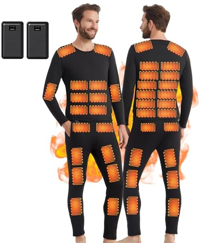 BaoTom Men Thermal Underwear Set: 42 Zones USB Electric Heated Fleece Underwear Suit with Power Bank Winter Warm Tops and Pants for Outdoor Sport Jogging Skiing Cycling (Men-Black, L)