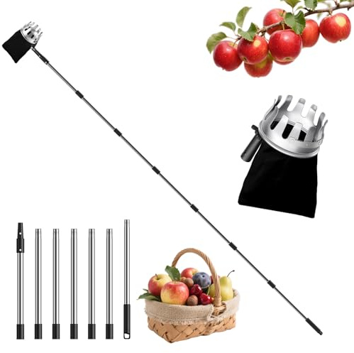 FLORA GUARD Fruit Picker 7 Sections, 2.9M Apple Picker with Telescopic Handle, Lightweight Stainless Steel Connecting Pole and Fabric Bag, Fruit Grabber Easy to Assemble, for Orange Lemon Etc