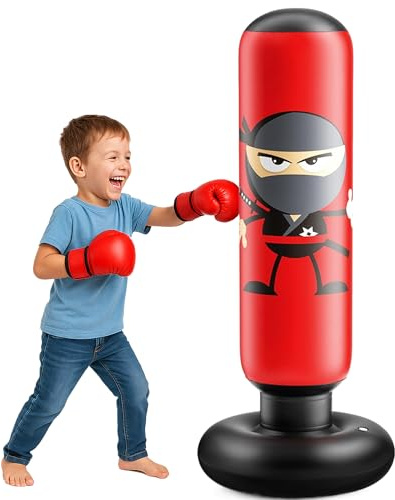 Sac de frappe pour enfant - Design ninja - 163 cm - Gonflable - Kit de boxe à rebond rapide pour karaté, taekwondo - Jouet pour garçons et filles de 3 à 12 ans - Rouge