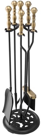VEVOR Ensemble outils de cheminée 5 PCs, ensemble serviteur de cheminée en fer forgé avec support à cinq branches, pince, pelle à cendres, brosse, tisonnier, pour intérieur/extérieur, noir et laiton
