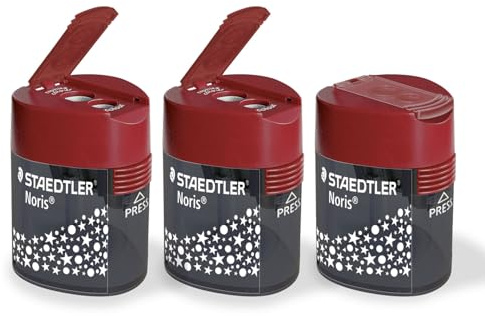 STAEDTLER Dubbelpennvässare – 3-pack – Noris triangulär design – Vässare för blyerts- och färgpennor – Två hål för olika pennstorlekar – Med praktiskt lock