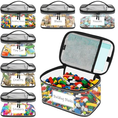 Sacchetti trasparenti per giocattoli – 6 tasche riutilizzabili con cerniera, organizer per giochi da tavolo | camera da, asilo, aula, casa, auto, viaggi, borsa per giocattoli per bambini