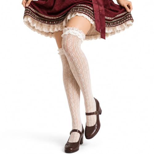 YCDKK Chaussettes Oktoberfest Femme 1 Paire, Mi-Bas en Dentelle avec Volants et Motif Cœur, Chaussettes Dirndl Longues Blanches pour Tenue Traditionnelle Bavaroise