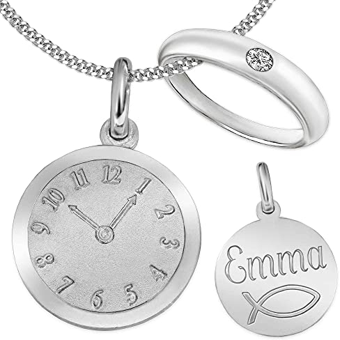 CLEVER SCHMUCK Taufgeschenk personalisiert: Silber Taufring farbe wählbar und Anhänger-Uhr sowie Kette, beides STERLING SILBER 925 im Etui