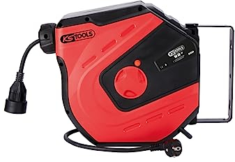 KS TOOLS - 150.4218 – Kabeltrommel für die Wand, 3 x 2,5 mm² – 15 m – automatische Blockierung und Rückführung – Halterung schwenkbar 180° – Schutz IP34 – Design Rot und Schwarz – Garage, Werkstatt,