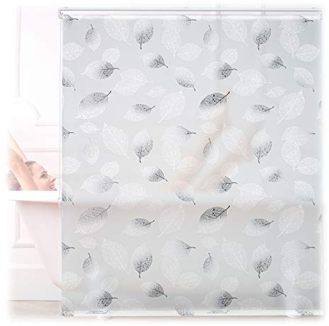 Relaxdays Duschrollo, 140 x 240 cm, Blatt Muster, Seilzug, flexible Montage, Duschvorhang für Badewanne, schwarz-weiß