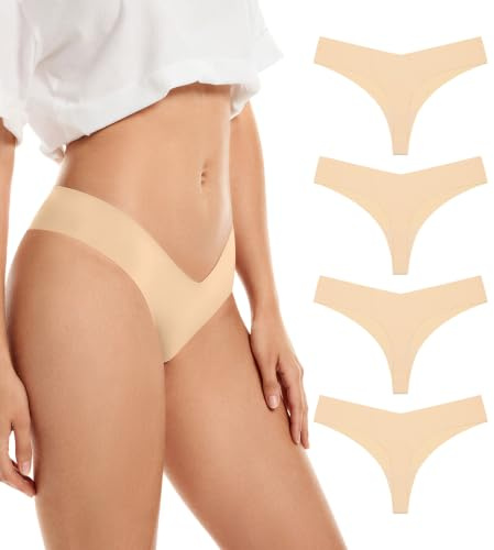 SHARICCA Sömlösa String Tanga Dam, Osynliga Tangas Underkläder Kvinnor med Låg Midja V-Midja Andningsbara No Show Thong Bomull Strings Set, Beige, XS