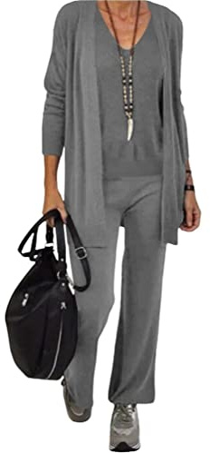 Dejamy Completo 3 pezzi, cardigan a mantella maglia e pantalone (42, Grigio Chiaro)