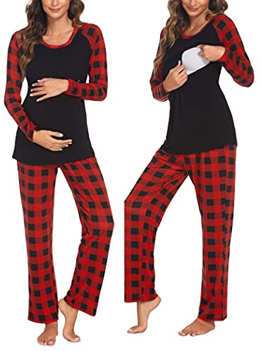 Ekouaer Pyjama d'allaitement pour Femme pour hôpital Manches Longues Modal de Grossesse Ensemble Pyjama 2 pièces Plaid Rouge L