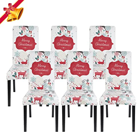 Jaotto stolsöverdrag jul set om 6 universella, stolsöverdrag stretch, moderna, stolskydd, gungstolar, elastiska hållbara stolskydd för högtidsdekoration, jul (gräddvit/jul, 6 stycken)