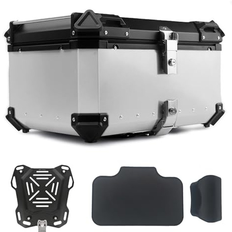 iproods 65L Motorcycle Top Case, Aluminum Alloy Universal Motorcycle Trunk, Dual-key Storage Carrier Case Luggage (Silver, 65L)