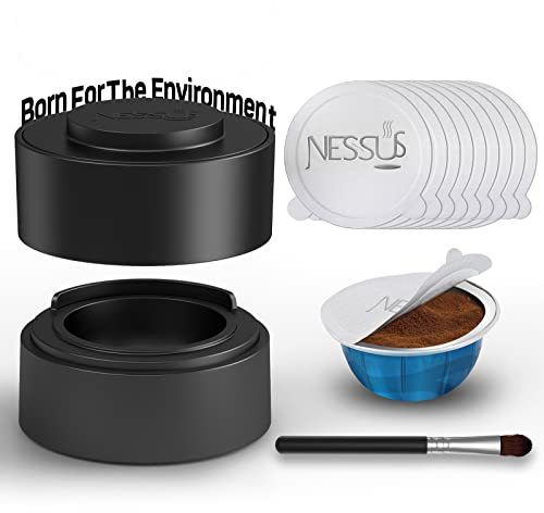 Nessus Vertuo - Kit de cápsulas reutilizables, 50 piezas [ALSeal EZ FIT] sellos de papel de aluminio para cápsulas Nespresso Vertuoline, soporte y cepillo, se adapta a cápsulas Vertuo recargables