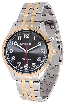 QIATKWH Deutsch sprechende Armbanduhr, Zwei Farben erhöhen Gehäuse, Zweifarbig Edelstahlband, Herren-Stil