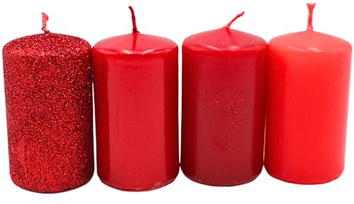 Dekohelden24 Stumpenkerze, Adventskerzen, Adventskranzkerzen, in Rottönen, Verschiedene Farbnuancen, Größe H/Ø ca. 7 x 4 cm, 250 gr, Brenndauer 4X 10 h