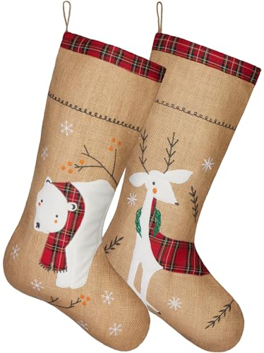 BRUBAKER 2er Set Weihnachtsstrumpf zum Befüllen und Aufhängen - Rentier und Eisbär - 52 cm groß - Nikolausstrumpf für Weihnachten und Nikolaus - Weihnachtsdeko Weihnachtssocken aus Jute
