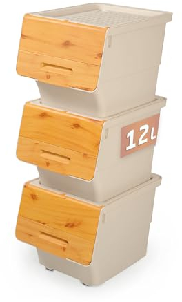 Parpalinam 3x12L Set Aufbewahrungsbox mit Deckel und Rollen, stapelbare Aufbewahrungsboxen, hochwertige Kartoffel Ordnungsboxen, BPA-freier und lebensmittelechter Organizer (Bambus/Beige)