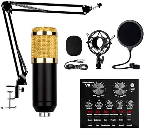 EEYZD Pacchetto Attrezzatura Podcast, Set Microfono a condensatore con 12 Suoni di sottofondo ausiliari Ricaricabili Scheda Audio V8 con Sospensione Regolabile del Microfono