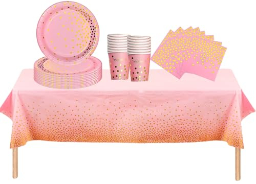 53PCS Pink and Golden Dot Party Tableware Decorations for Birthday,Disposable Party Tableware Set Dot Table Cloth Paper Plates 7inch,Cups,Napkins,for Birthday Wedding Dinnerware