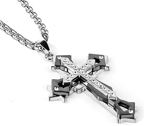 Zinvefa Kreuz Anhänger Halskette Herren,Kreuz Kette Zirkonia Edelstahl Kette Herren Länge der Kette-60CM,Schwarz