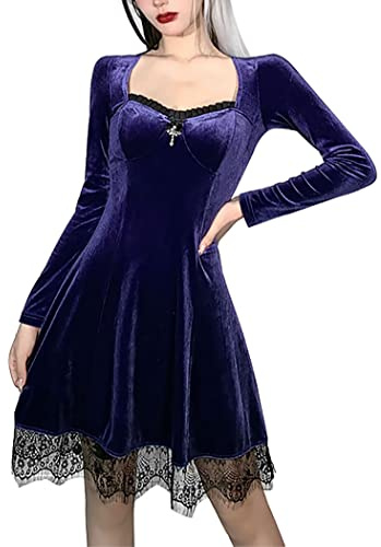 XKBHYD Abito gotico, da donna, in velluto, a maniche lunghe, con scollo quadrato, elegante, per feste, Lilla, XXL