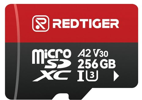REDTIGER Höghastighets 256 GB Micro SD-kort med adapter, UHS-I klass 10 microSDXC, U3, V30 A1, stöd för inbyggd kamera och 4K-videoinspelning