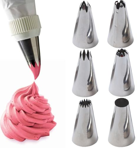 Beccucci Sac a Poche Riutilizzabile, Set di 6 in Acciaio Inox, Grandi Punte per Piping per Decorare Torte, Cottura Fai da Te, Torta alla Crema, Cupcake