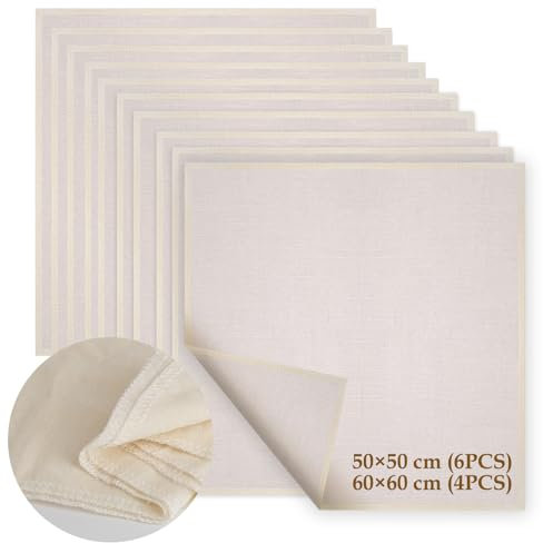 10 Pièces Étamine Alimentaire Filtrant Tissu en Coton Non Blanchi Mousseline, 6 Pièces (50 x 50 cm) + 4 Pièces (60 x 60 cm), Lavable Réutilisable Grade 100 pour Filtrer Vin Tofu Fromage