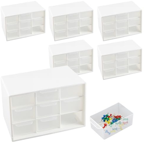 NAMYEUT 6 cajas de almacenamiento para manualidades con 9 cajones, 18 x 12 x 10 cm, color blanco, mini cajones, organizador de escritorio, caja de almacenamiento con 9 cajones
