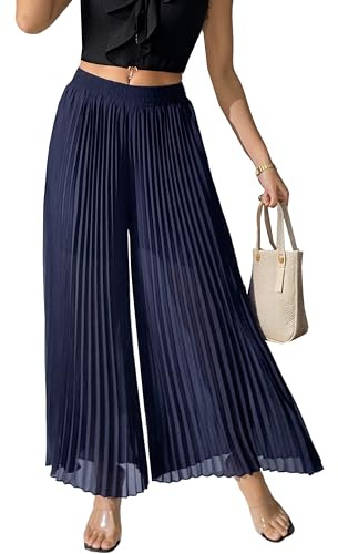 Fakanhui Pantalon Palazzo à jambes larges en mousseline de soie plissée décontracté pour l'été, la plage, les vacances, bleu, Taille L