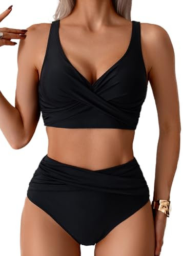 Sangdut Badeanzug Damen Set Push up High Waist Sexy Triangel Breites Unterbrustband Mit Cups Zweiteiliger Badeanzug Swimsuits(Schwarz,M)
