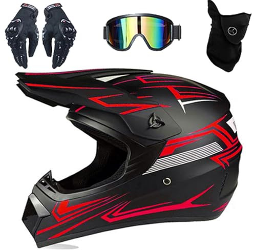 Casco Integrale da Motocross, Omologato DOT, con Occhiali, Guanti E Maschera, Casco Protettivo da Moto Fuoristrada Per Bambini, Per Downhill, Enduro, ATV, MTB, BMX, Quad, Dirt Bike(Red Phantom,XL (58-