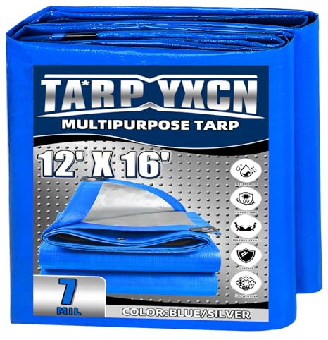 TA*RP YXCN Tarp 12x16 Feet, 7 Mil Thick Waterproof Poly Tarps Cover UV Resistant, Rip & Tear Proof with Metal Grommets Every 20 Inche (Blue/Silver)