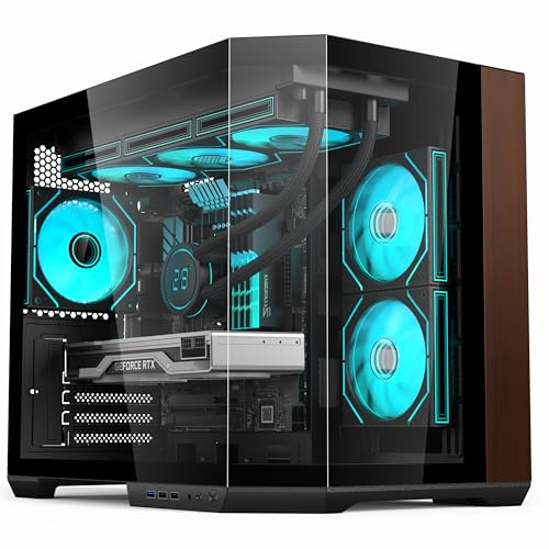 IONZ APEX EMBER Boîtier de jeu PC M/ATX Mid Tower, double chambre – I/O avant de type C, verre trempé avec panneau en bois et 6 ventilateurs ARGB PWM