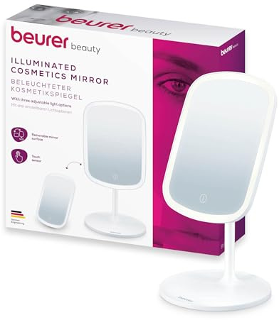 Beurer BS 47 Kosmetikspiegel, Schminkspiegel mit Beleuchtung in 3 Lichtfarben, mit Magnethalterung, 360° drehbar, abnehmbare Spiegelfläche, praktischer Badspiegel mit Ablagefläche, wiederaufladbar