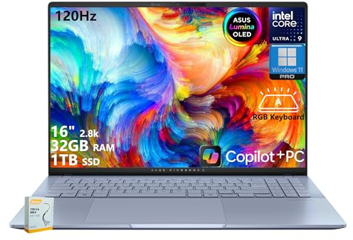 ASUS Vivobook S16 AI PC Laptop | 16 2.8k OLED 120Hz | Intel Core Ultra 9 285H | 32GB RAM 1TB SSD | RGB Backlit for Creator Designer Business Professional Win11 Pro w/DLCA Accessory