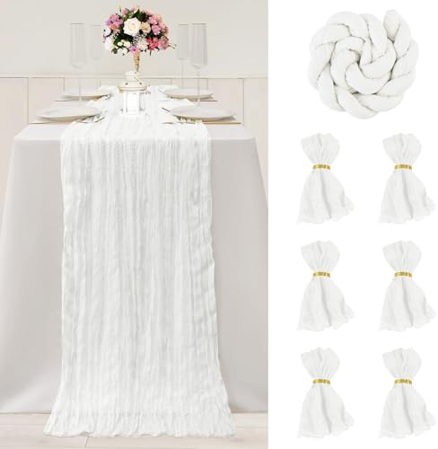FALSKT Camino de Mesa Blanco 300×90cm Mantel de Gasa de Poliéster Vintage Camino de Mesa Moderno con Textura Arrugada para Comuniones Fiestas, 6PCS Servilletas de Gasa, 6PCS Anillos Servilletas