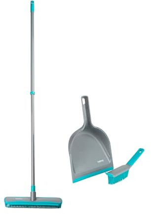 Beldray Antibac Pet Plus Broom & Dustpan Set - Double Action Rubber Broom, Dustpan with Plastic Ridged Teeth & Rubber Brush, Antibacterial Treated, Squeegee Edge for Windows/Hard Floors, Pet Hair