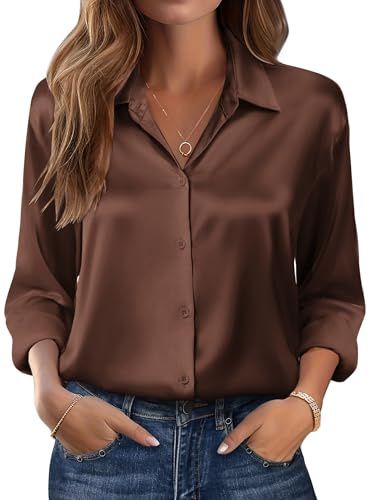 Zeagoo Blusa de Satén para Mujer Elegantes Camisas Manga Larga Cuello en V Camiseta con Botones Color Sólido Tops Suelta Empresa Casual Fiesta Marrón XXL