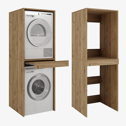 PLATAN ROOM Waschmaschine Trockner Schrank mit Ausziehbrett • Waschmaschinenschrank für Waschmaschine & Wäschetrockner • Überbauschrank 187 x 65 x 66 cm (Eiche Gold)