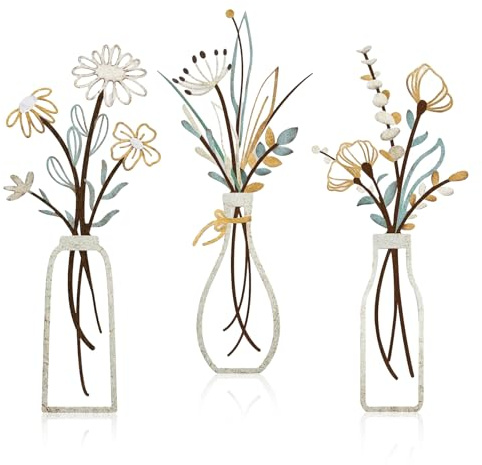 virkwuy 3 Piezas Flores de Metal Minimalista, Decoración de Pared de Flores de Metal, Arte Minimalista con Flore en Jarrón Colgante de Hierro, Adecuadas para la Decoración de Paredes en el Hogar