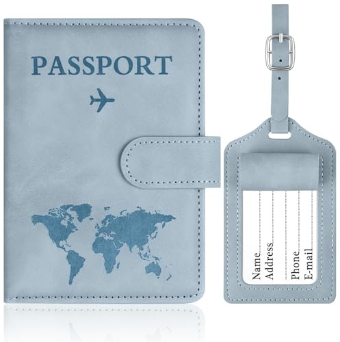 OFFCUP Custodia per Passaporto, Custodie Porta Passaporto con Blocco RFID, Custodia Passaportos con Etichetta Valigia in Pelle PU per Carte d'Identità Carte di Credito, Passaportos Pass (Azzurro)