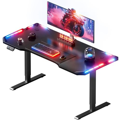 SOLAVERO LED Escritorio Elevable Electrico, 120 x 60 cm Escritorio Gaming | Mesa Gaming Elevable con 2 Control de Memoria, Superficie de Fibra de Carbono, Mesa Regulable Altura Negro