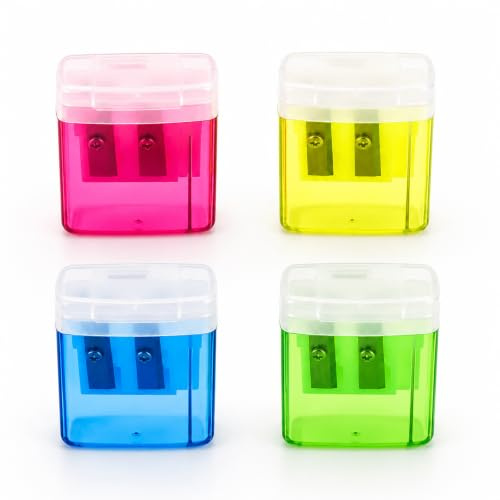 2 Trou Manuel Crayon Coloré, 4 Pcs Taille Crayon avec Reservoir en Plastique, 4 Couleurs Taille-Crayon avec Reservoir, Taille-Crayons pour Étudiants, École, Maison, Fournitures de Bureau