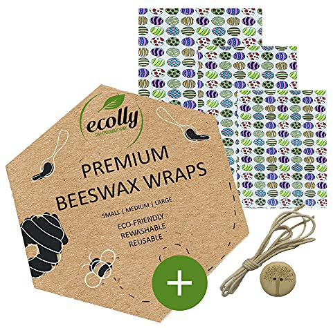 ECOLLY bivax wraps set om 3 (S, M, L), bivaxpapper, bivax wraps, plastfri & återanvändbar, UTAN jojobaolja, inklusive knapp & bomullstråd - Påskägg