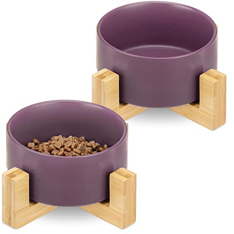 Navaris Comederos para Perros elevados - 2X Comedero de cerámica para Perro y Gatos Cachorros - Platos con Soporte Antideslizante de bambú - Morado