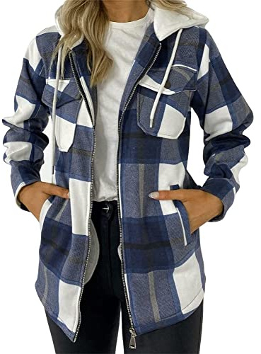 RAIS Ladies Check Oversized Hooded Fleece Jacket Shacket Casual Winter Shirt (Navy, 16)
