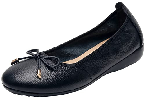 ANUFER Mujeres Piel Genuina Tacón de Cuña Pequeño Zapatillas de Ballet Hermoso Lazo Suave Ponerse Zapatillas Zapatos de Carro Negro SN070519 EU37