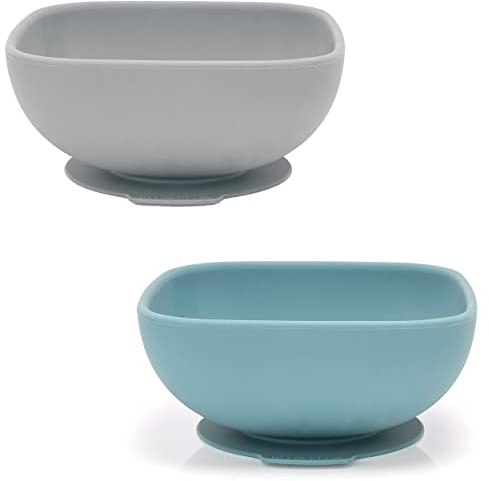 MiaMia 2x Baby Silikon Schüsseln mit Saugnapf - sichere, geprüfte und lebensmittelechte Silikonschüsseln/Babyschüssel Set - 2 Stück rutschfeste Breischalen - Petrol Grau